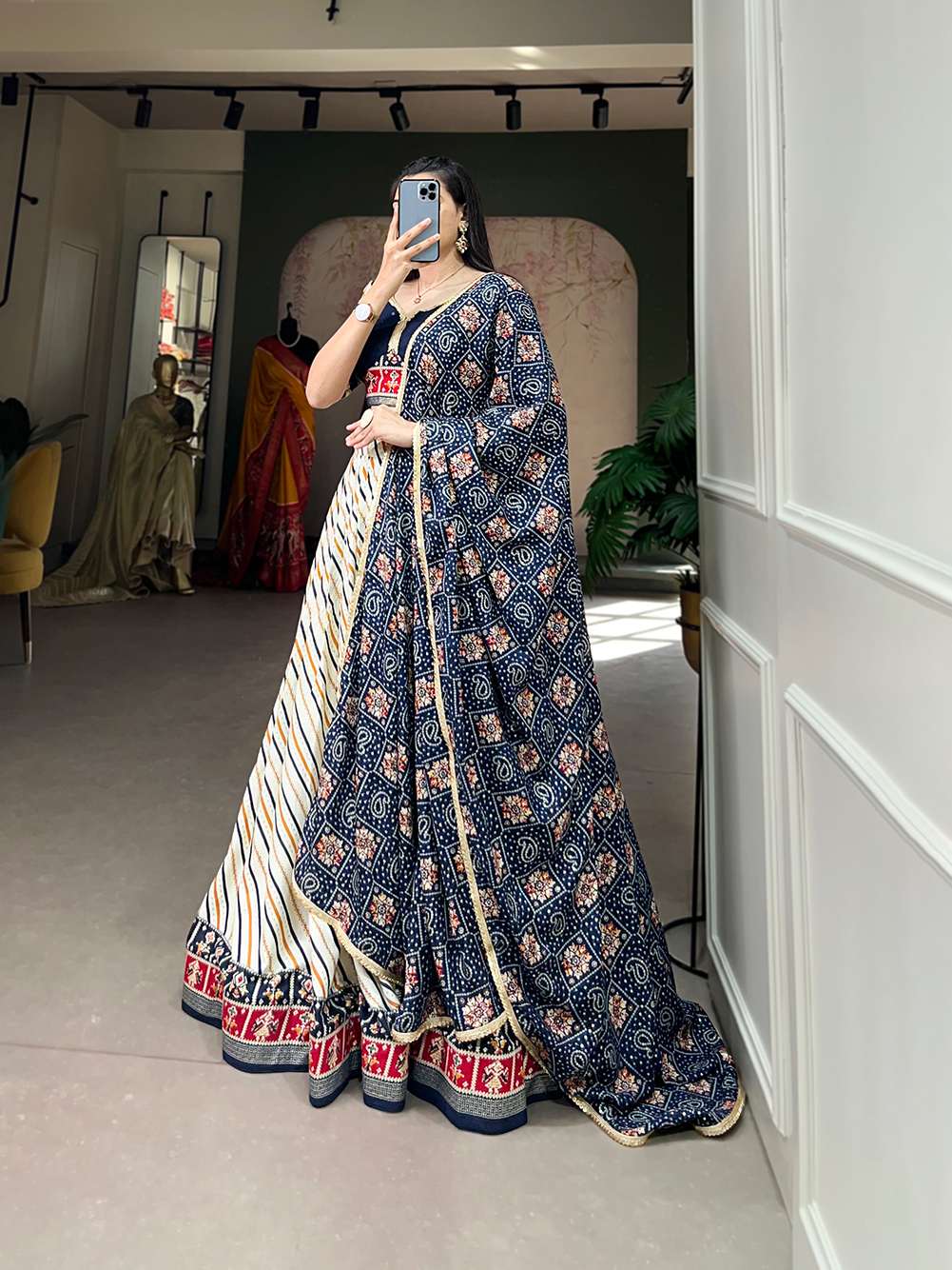 Navy Blue Graceful Cotton Lehenga Choli - PAHRAVA