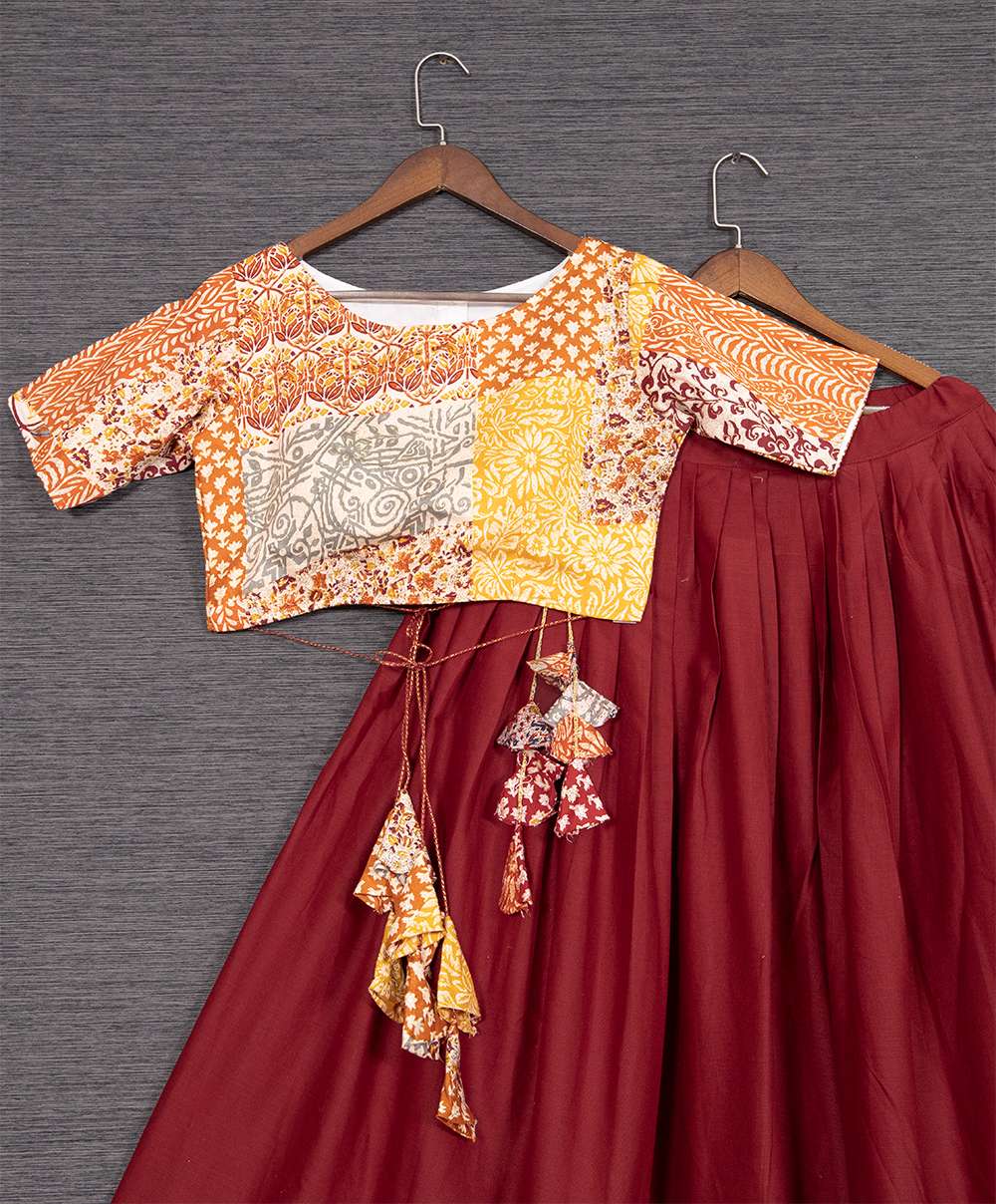 Dark Maroon Dramatic Pure Cotton Lehenga Choli - PAHRAVA