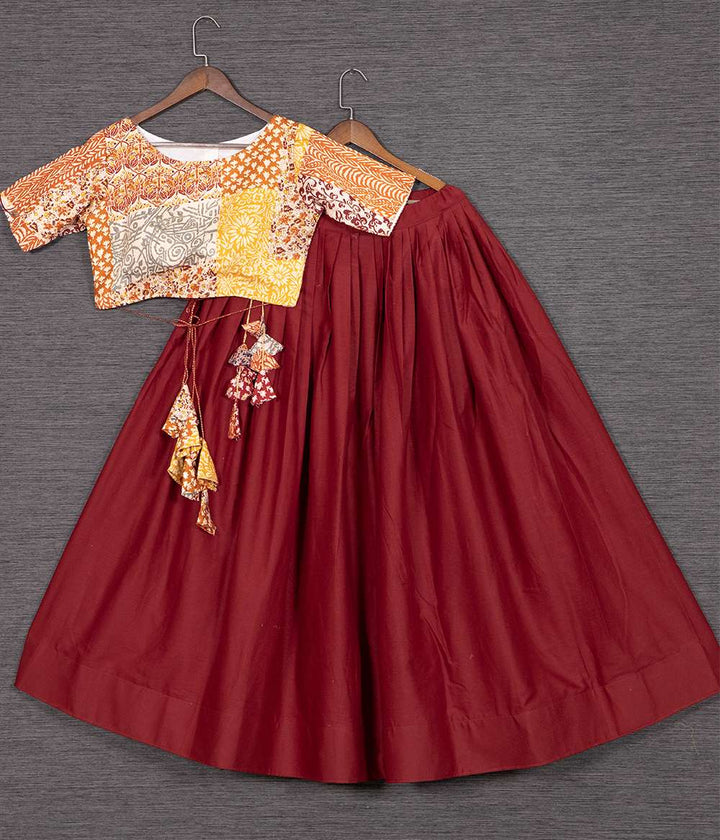 Dark Maroon Dramatic Pure Cotton Lehenga Choli - PAHRAVA