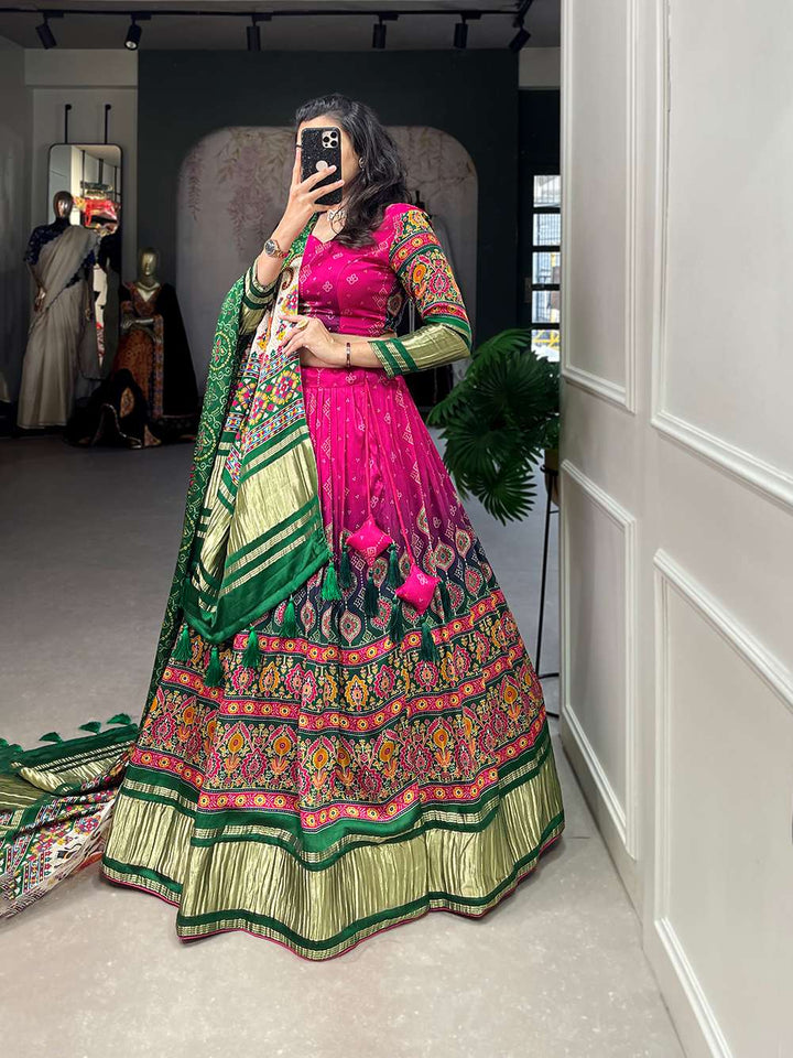 Bright Pink Gaji Silk Lehenga with Beautiful Digital Prints - PAHRAVA