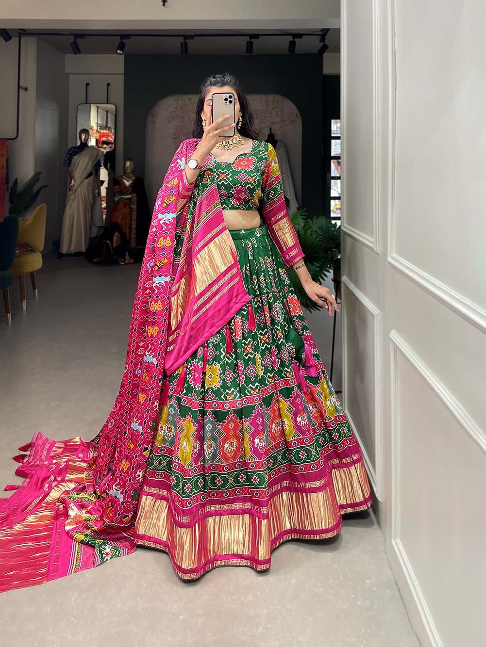 Traditional Green Cultural Gaji Silk Lehenga - PAHRAVA