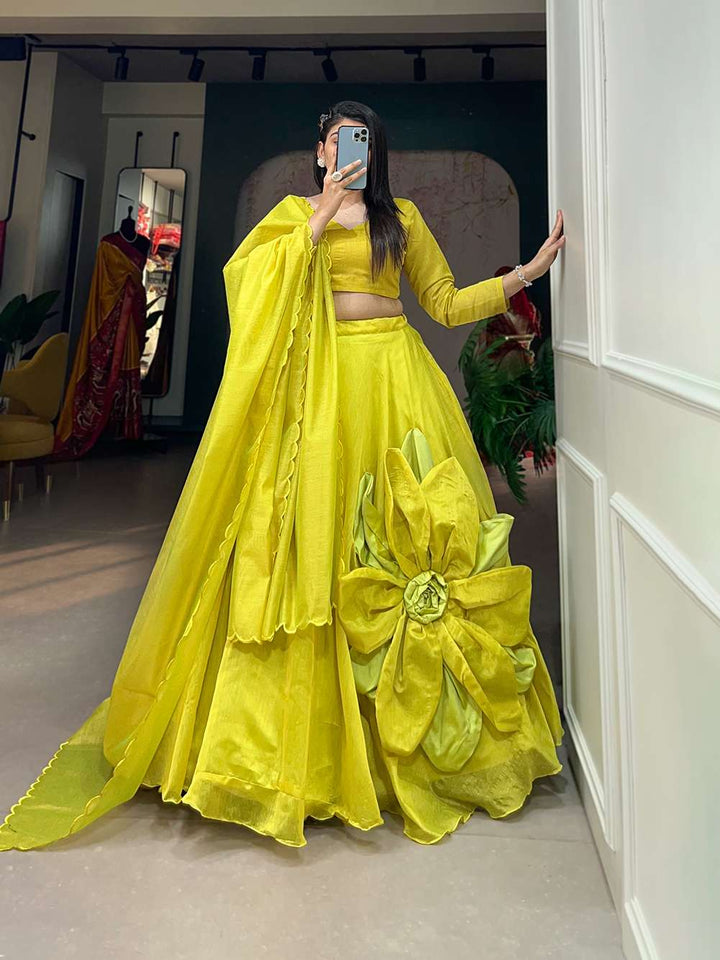 Gold Yellow Rajwadi Chanderi Silk Lehenga Choli - PAHRAVA