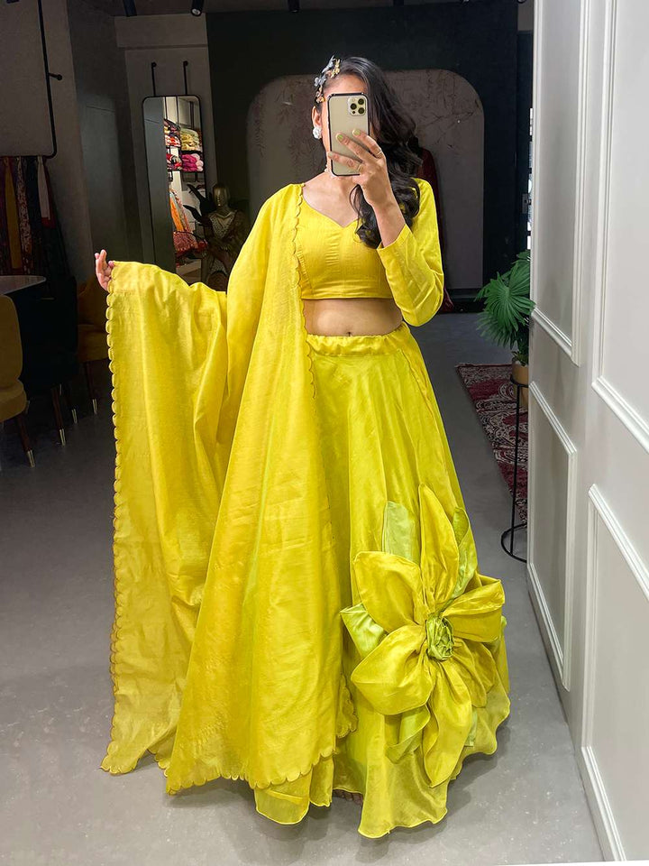 Gold Yellow Rajwadi Chanderi Silk Lehenga Choli - PAHRAVA