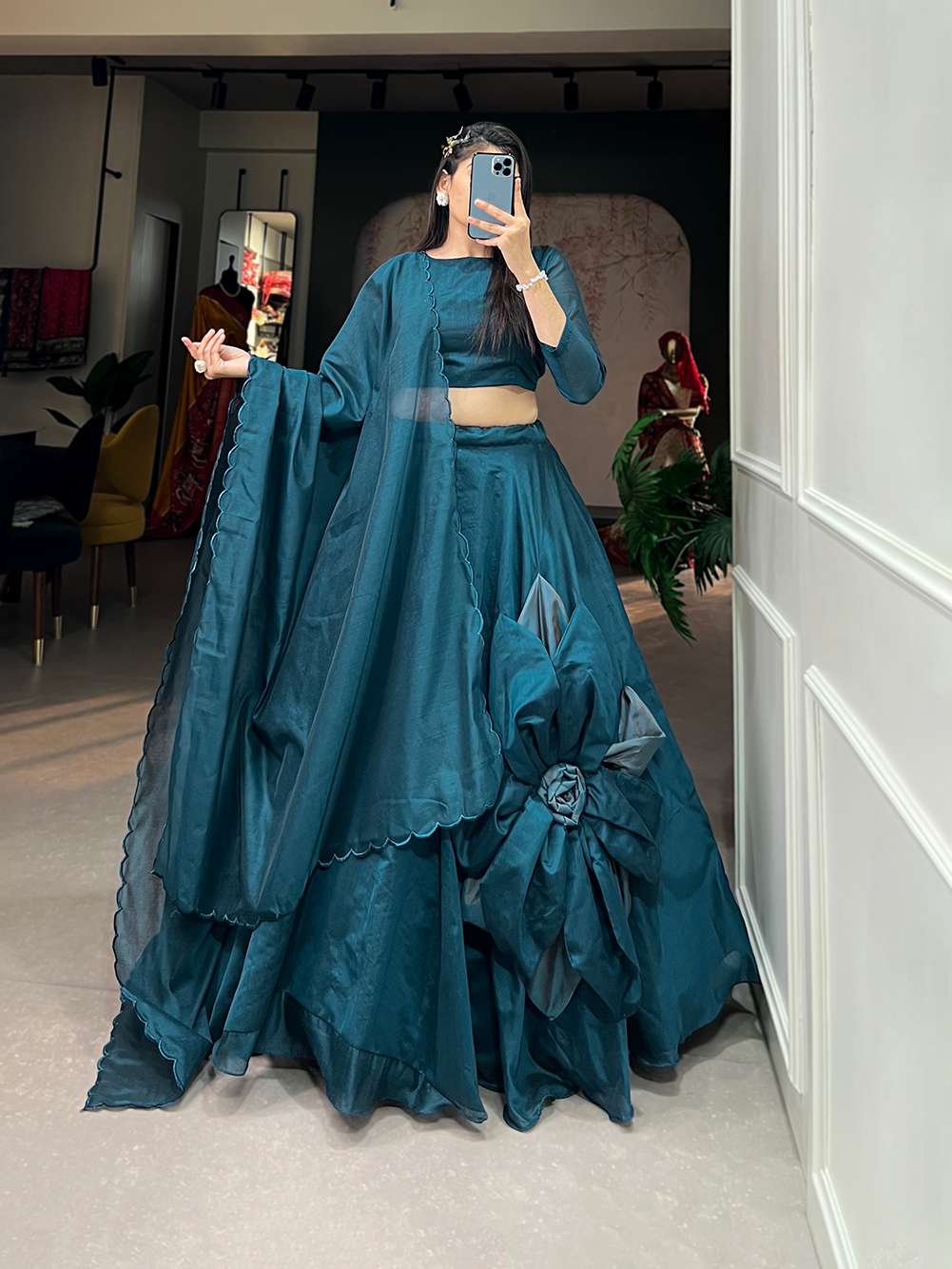 Teal Blue Rajwadi Chanderi Silk Lehenga Choli - PAHRAVA