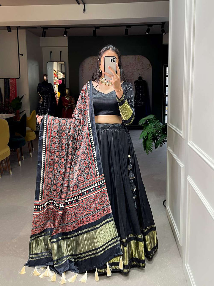 Pure Black Festive Gaji Silk Lehenga Choli - PAHRAVA