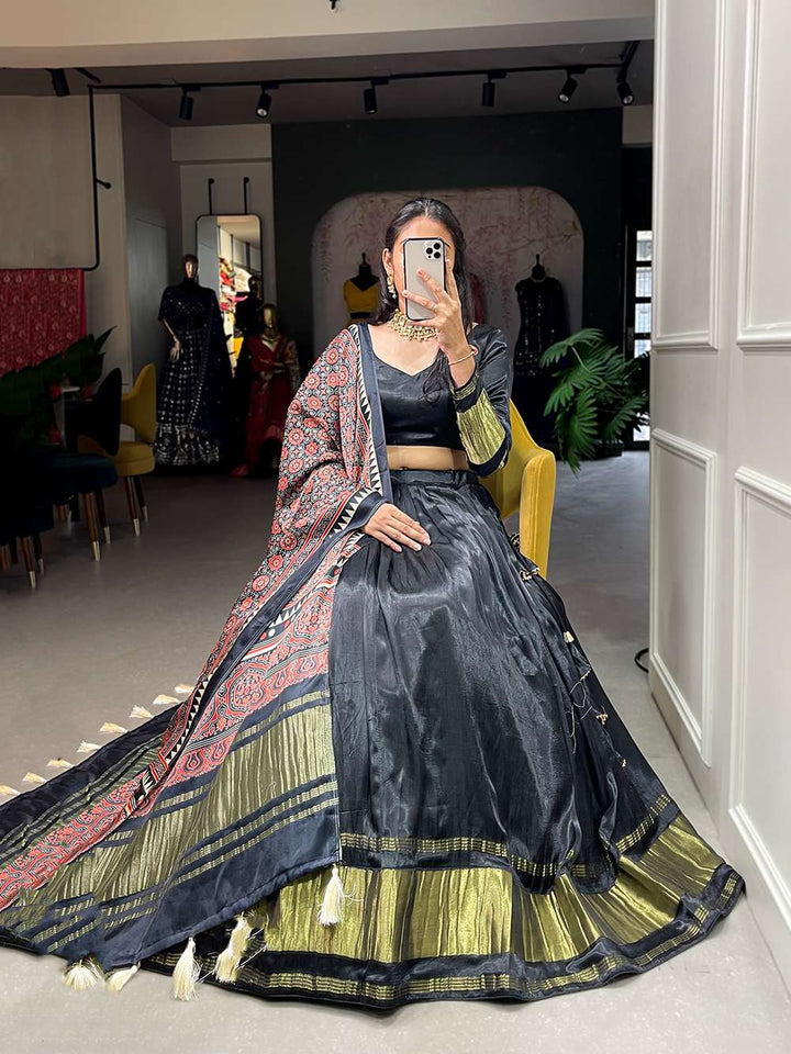 Pure Black Festive Gaji Silk Lehenga Choli - PAHRAVA