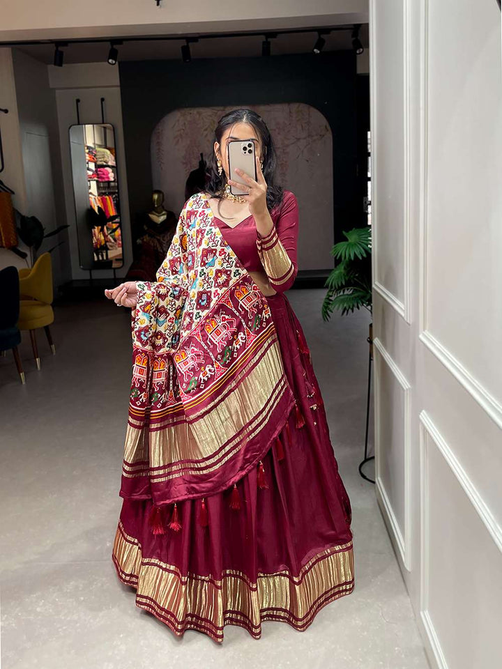 Bright Maroon Festive Gaji Silk Lehenga Choli - PAHRAVA