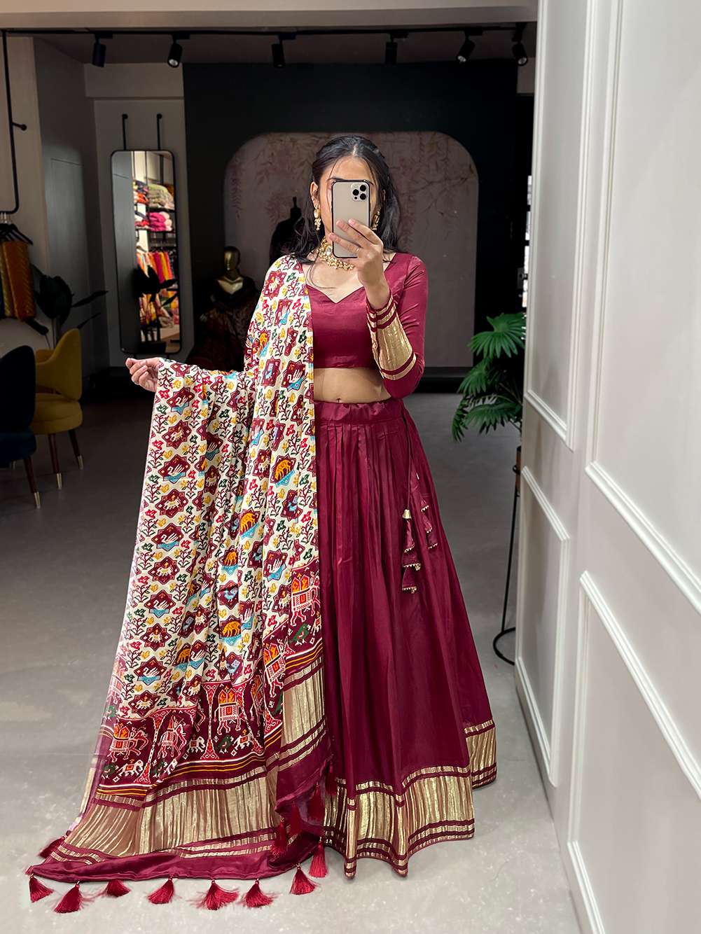 Bright Maroon Festive Gaji Silk Lehenga Choli - PAHRAVA