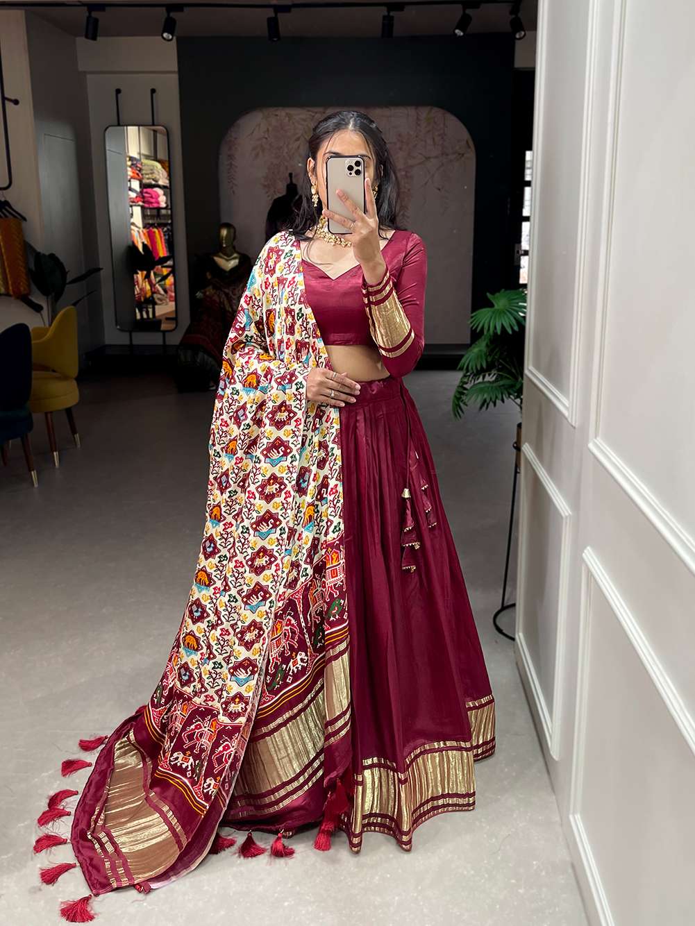 Bright Maroon Festive Gaji Silk Lehenga Choli - PAHRAVA