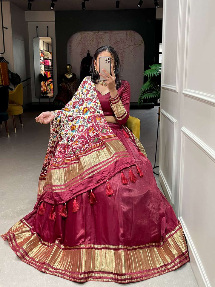 Bright Maroon Festive Gaji Silk Lehenga Choli - PAHRAVA