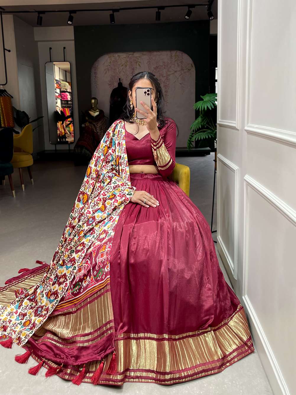 Bright Maroon Festive Gaji Silk Lehenga Choli - PAHRAVA