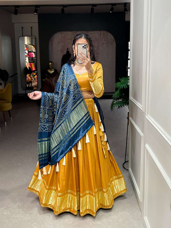 Mustard Yellow Festive Gaji Silk Lehenga Choli - PAHRAVA