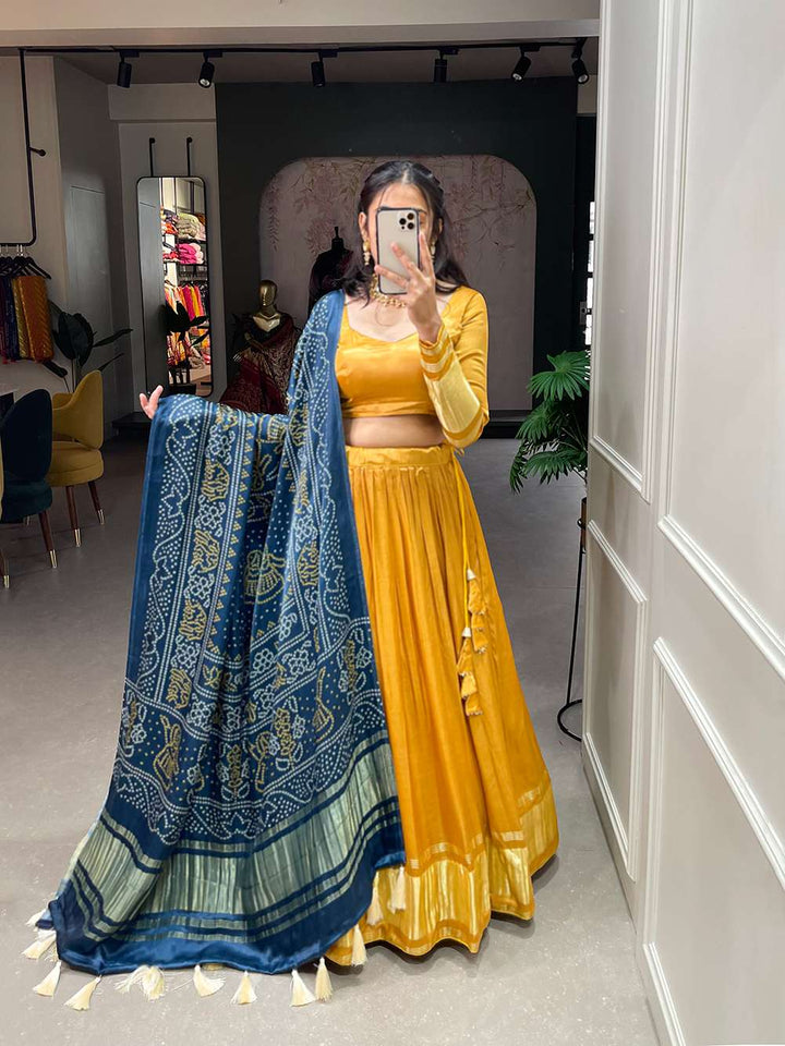 Mustard Yellow Festive Gaji Silk Lehenga Choli - PAHRAVA