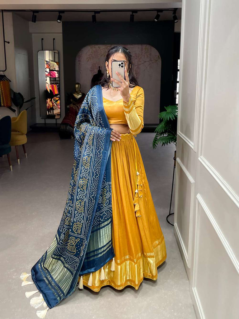 Mustard Yellow Festive Gaji Silk Lehenga Choli - PAHRAVA