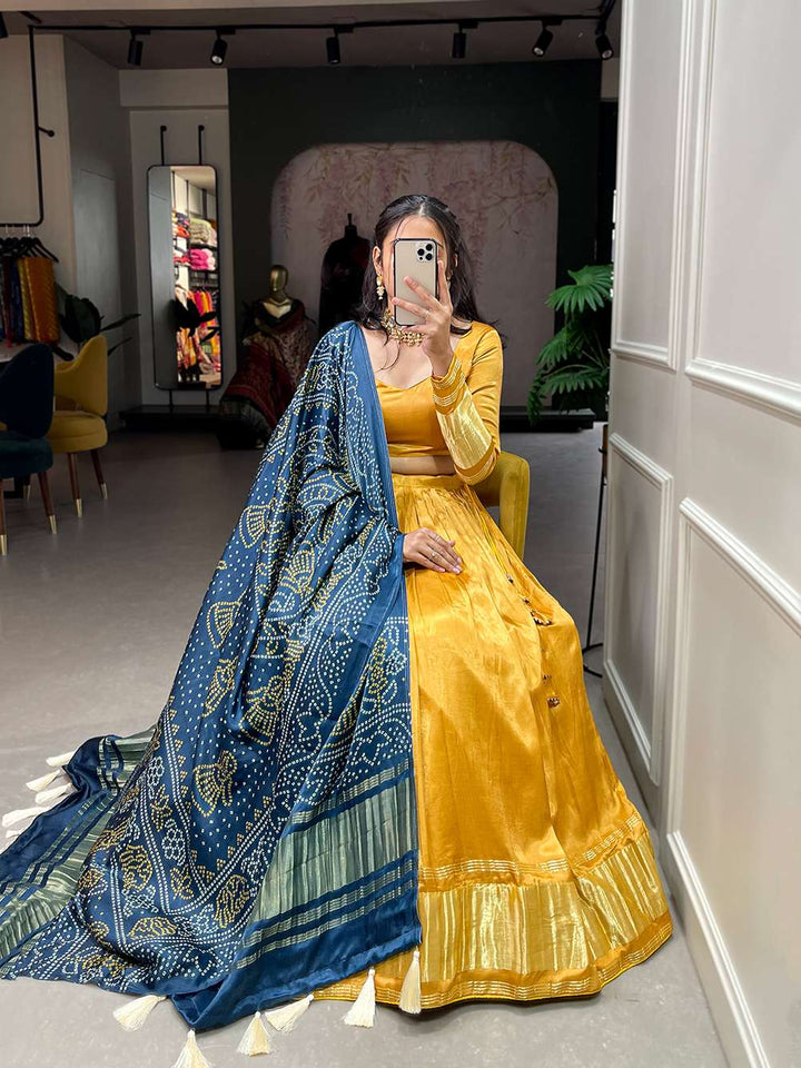 Mustard Yellow Festive Gaji Silk Lehenga Choli - PAHRAVA