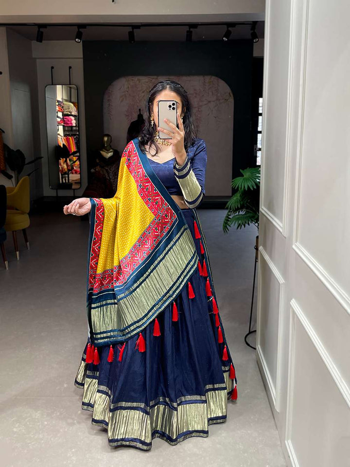 Navy Blue Festive Gaji Silk Lehenga Choli - PAHRAVA