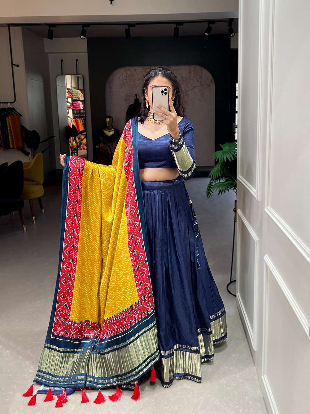 Navy Blue Festive Gaji Silk Lehenga Choli - PAHRAVA