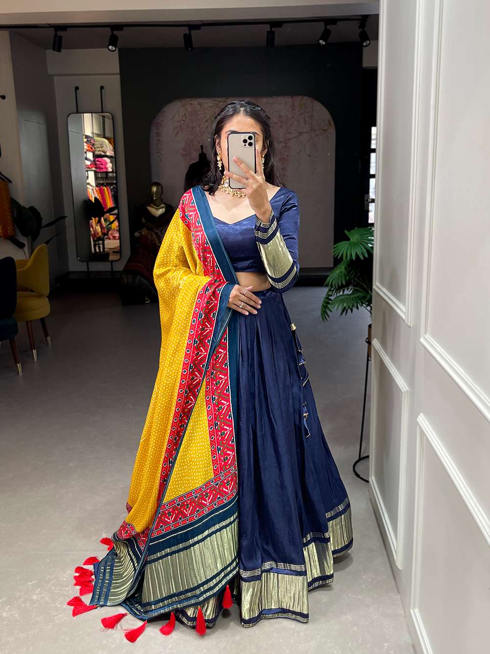 Navy Blue Festive Gaji Silk Lehenga Choli - PAHRAVA