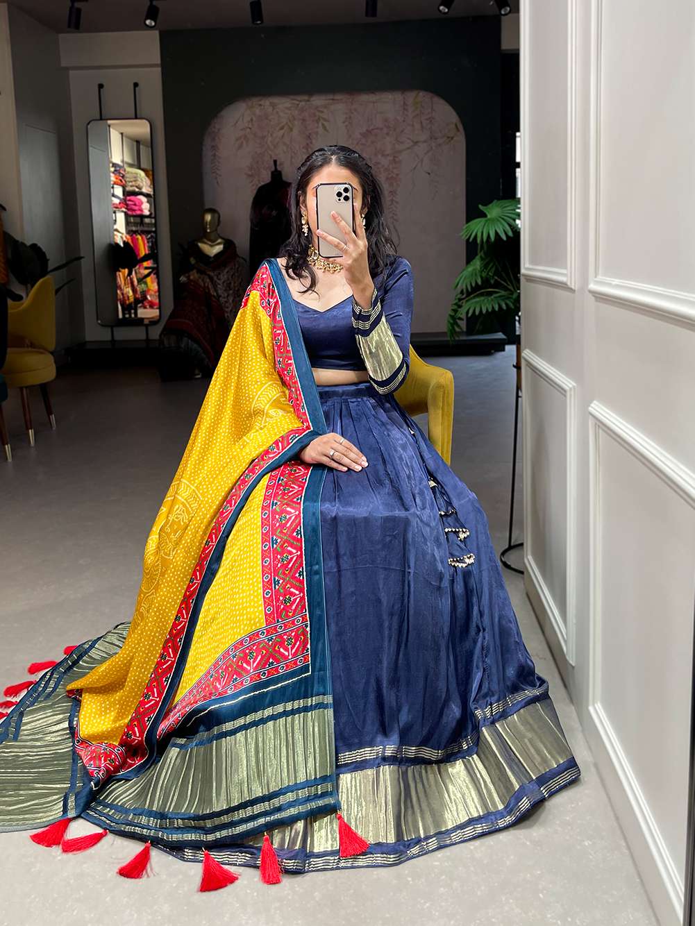 Navy Blue Festive Gaji Silk Lehenga Choli - PAHRAVA