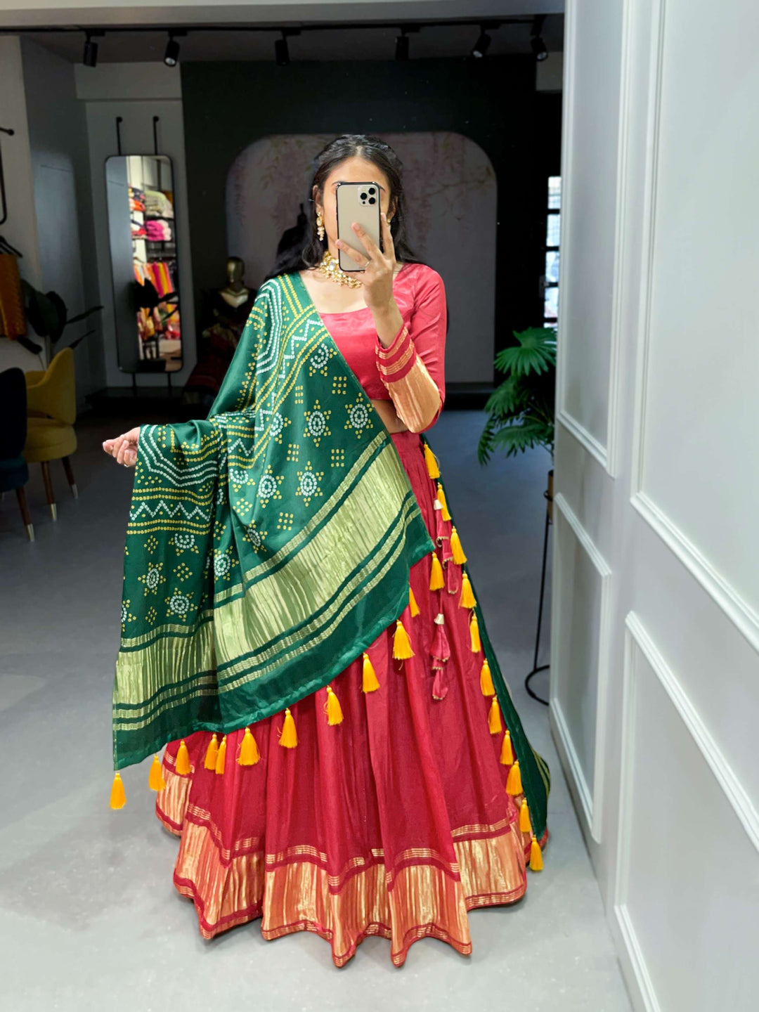 Radical Red Festive Gaji Silk Lehenga Choli - PAHRAVA