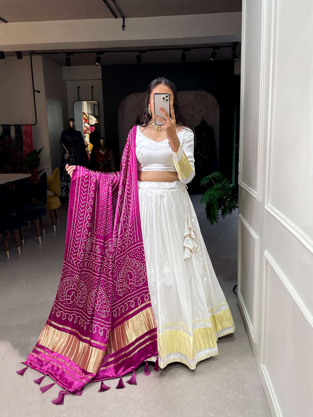 Pearl White Festive Gaji Silk Lehenga Choli - PAHRAVA