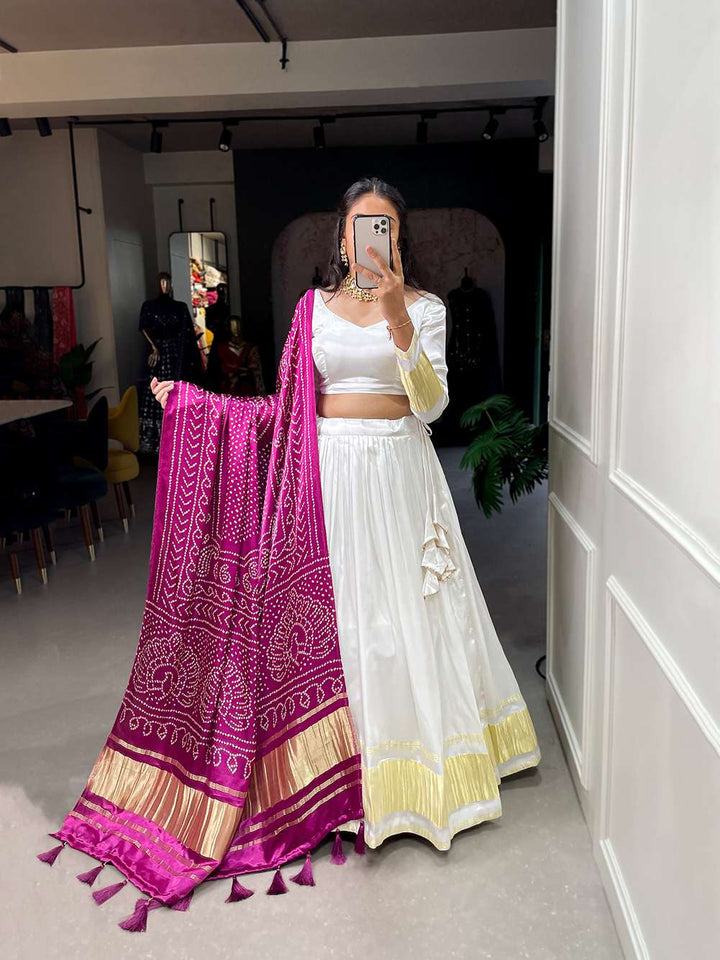 Pearl White Festive Gaji Silk Lehenga Choli - PAHRAVA