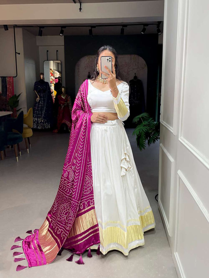 Pearl White Festive Gaji Silk Lehenga Choli - PAHRAVA