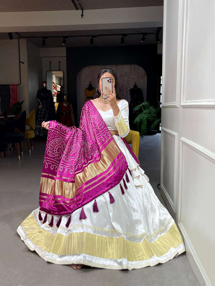 Pearl White Festive Gaji Silk Lehenga Choli - PAHRAVA