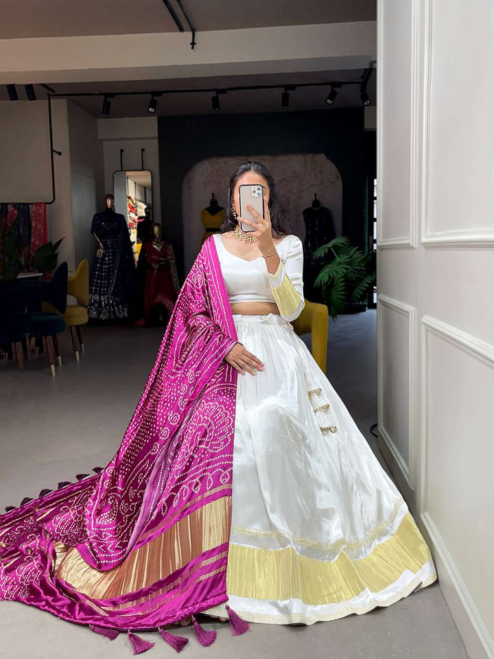 Pearl White Festive Gaji Silk Lehenga Choli - PAHRAVA