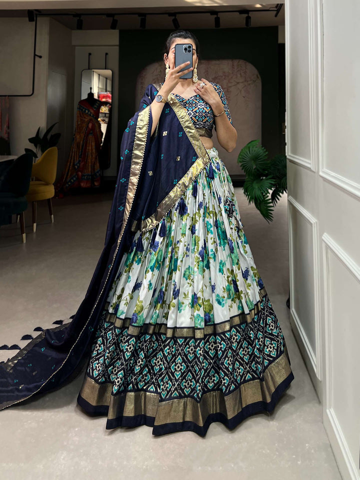 Navy Blue exquisite Tussar Silk Lehenga Set - PAHRAVA