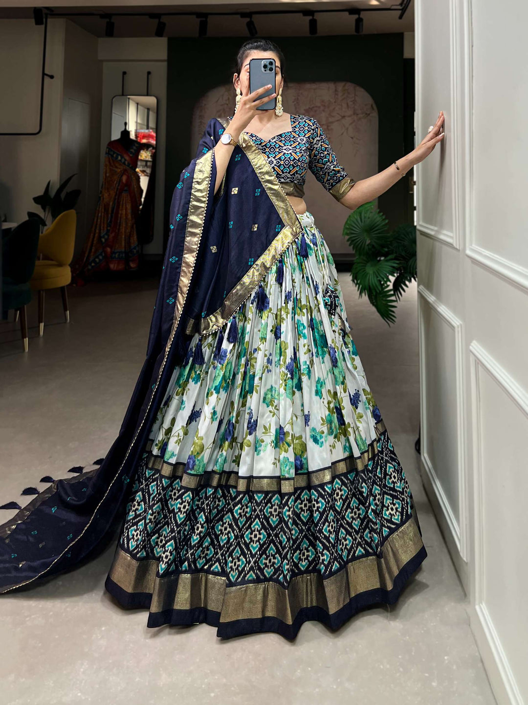 Navy Blue exquisite Tussar Silk Lehenga Set - PAHRAVA