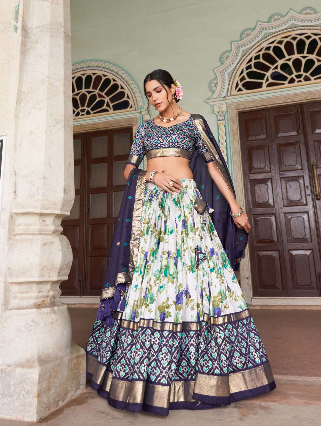 Navy Blue exquisite Tussar Silk Lehenga Set - PAHRAVA