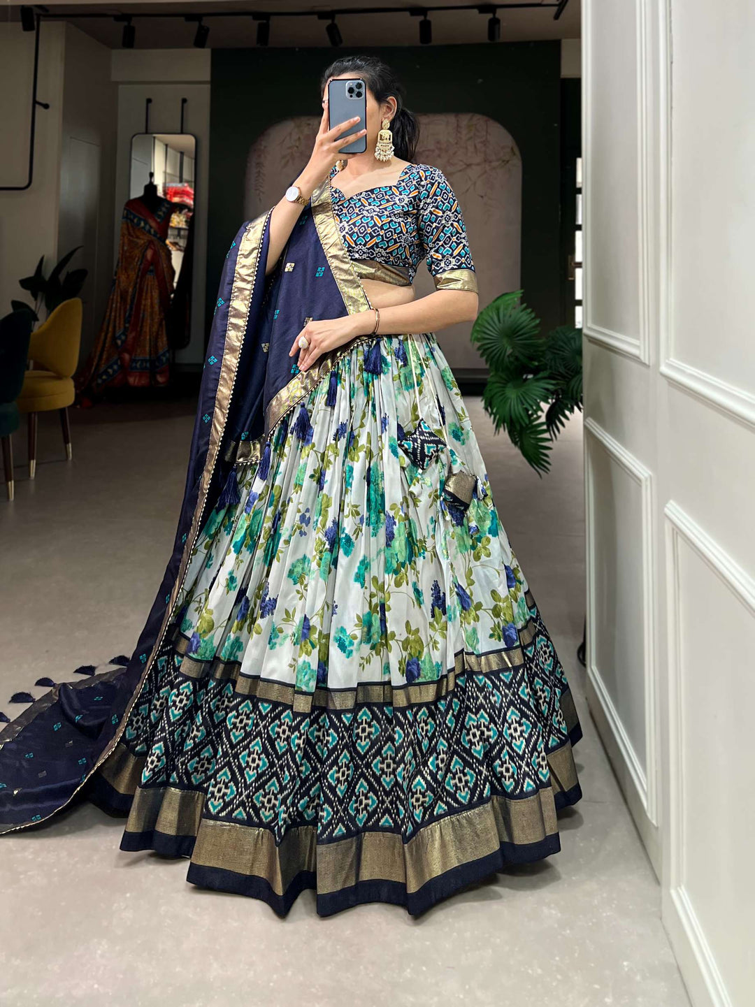 Navy Blue exquisite Tussar Silk Lehenga Set - PAHRAVA