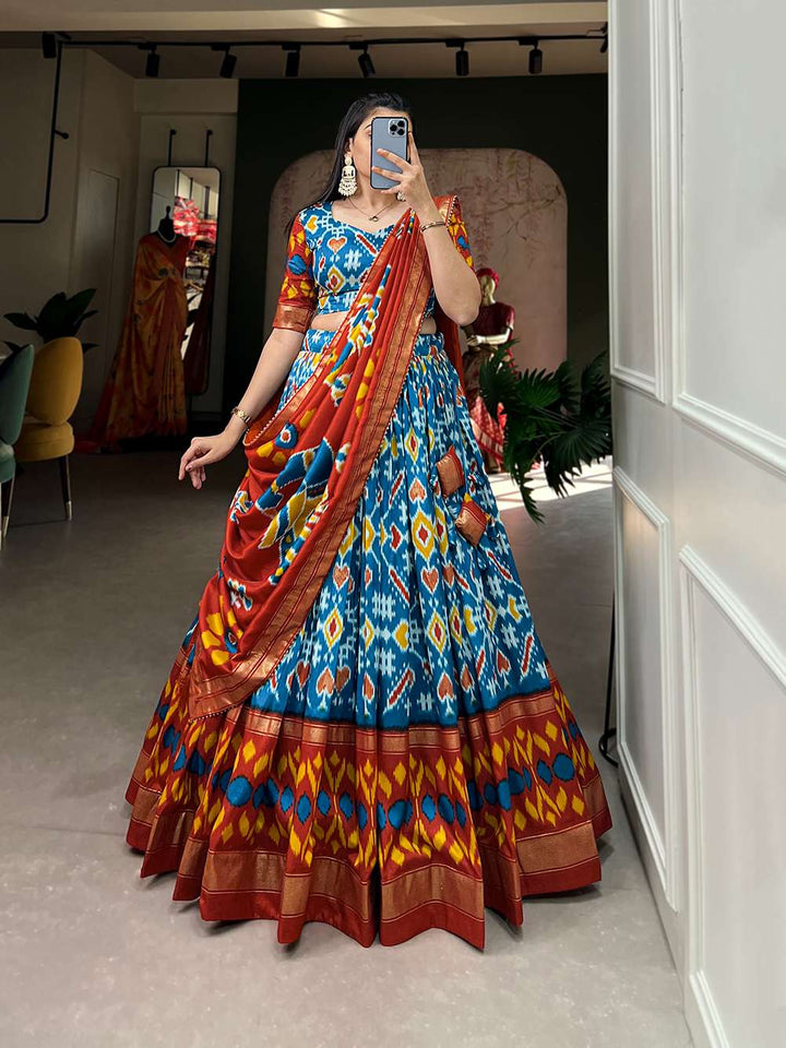 Sea Blue Patola Print Tussar Silk Lehenga Set - PAHRAVA