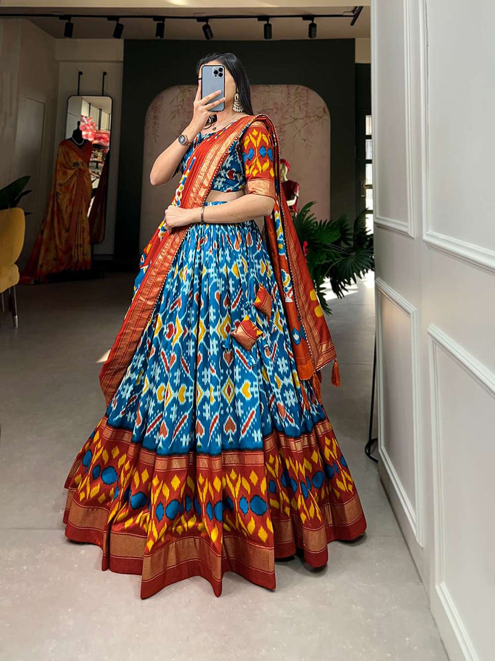 Sea Blue Patola Print Tussar Silk Lehenga Set - PAHRAVA