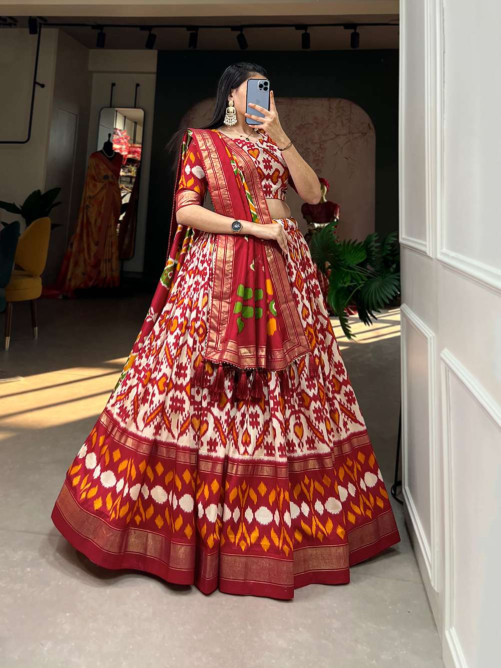 Off White Patola Print Tussar Silk Lehenga Set - PAHRAVA