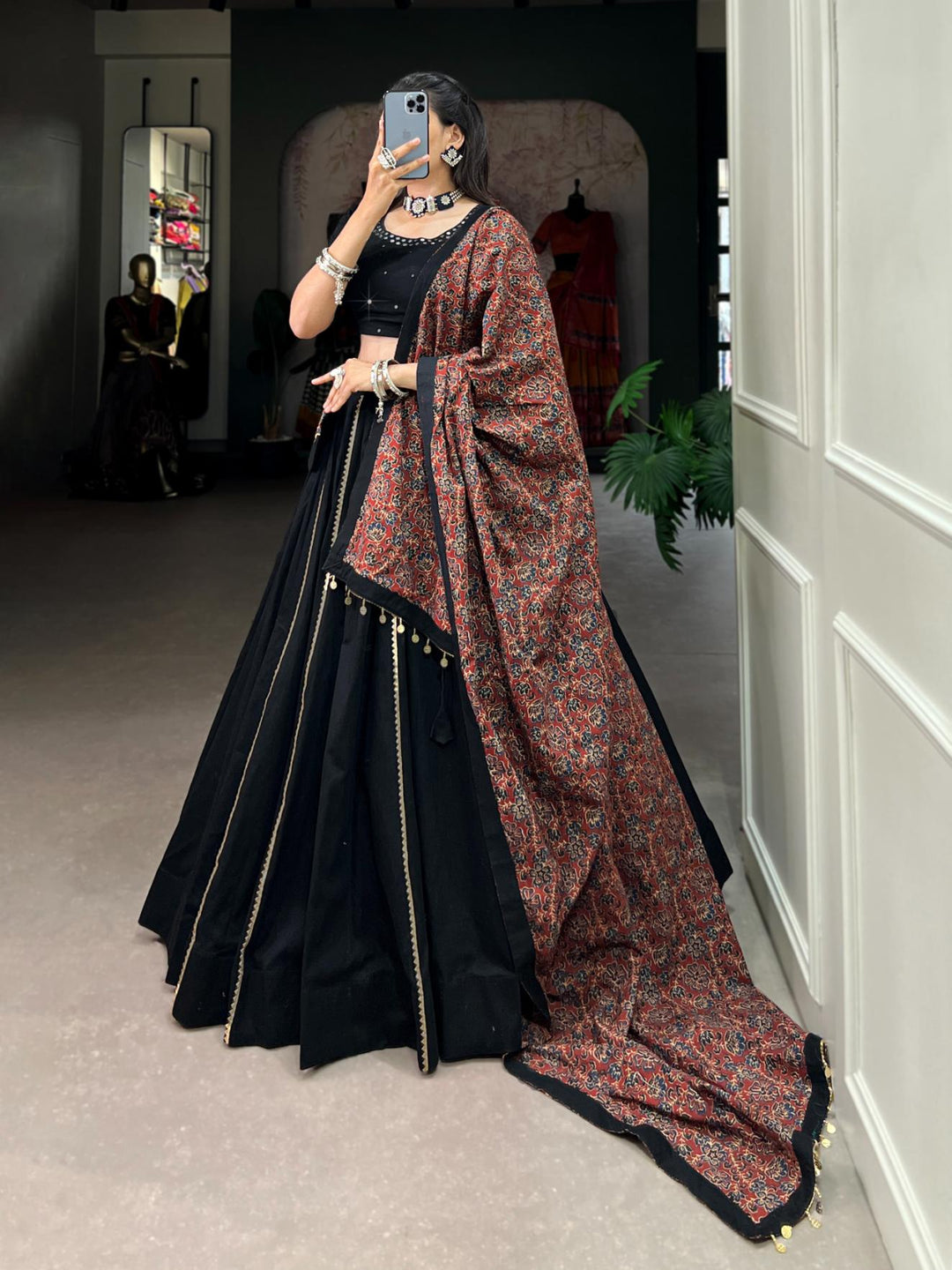 Bold Black printed pure cotton lehenga choli.