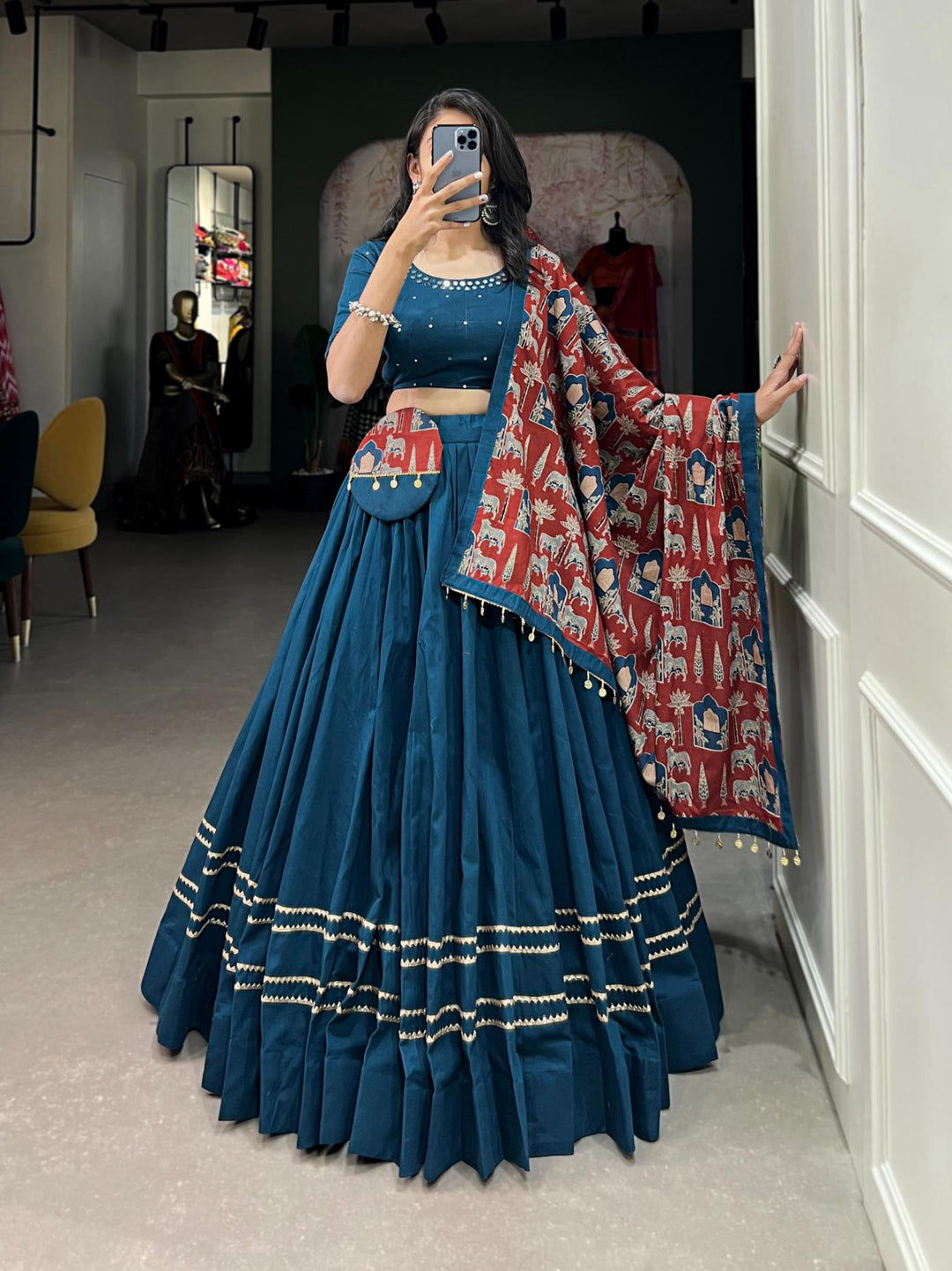 Muted Blue printed pure cotton lehenga choli.