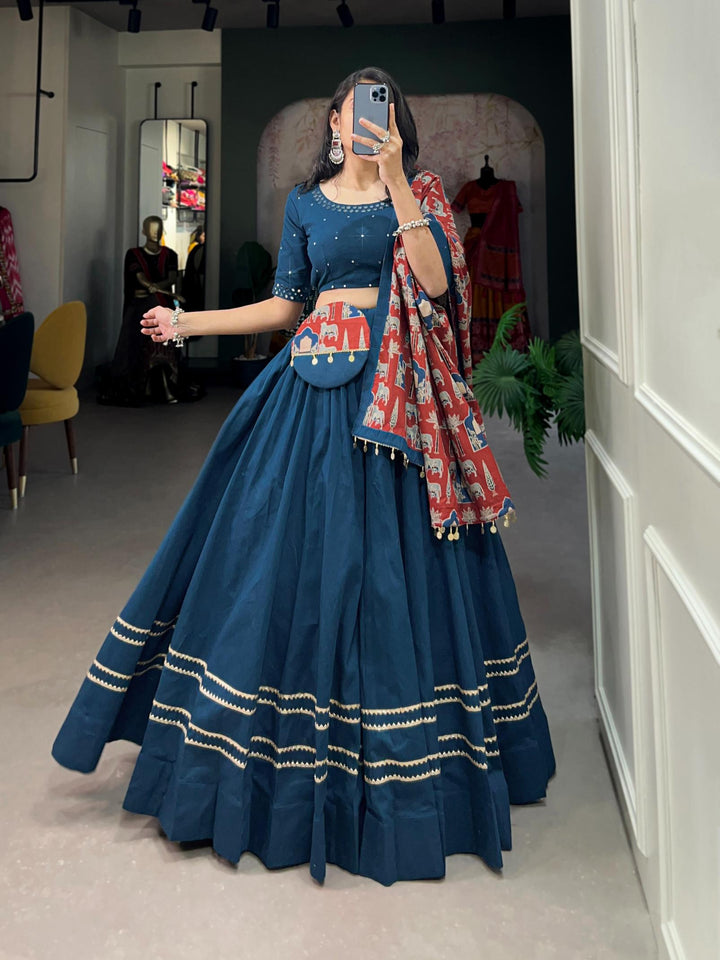 Muted Blue printed pure cotton lehenga choli.