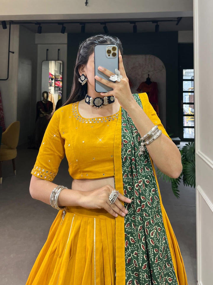 Mustard Yellow printed pure cotton lehenga choli.