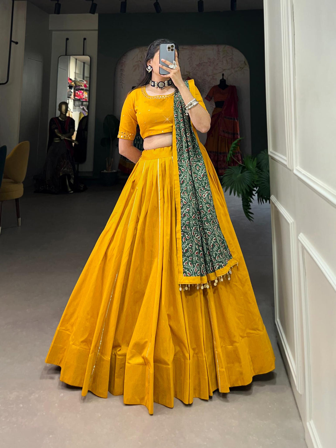 Mustard Yellow printed pure cotton lehenga choli.