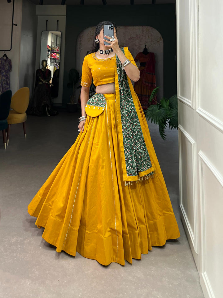 Mustard Yellow printed pure cotton lehenga choli.