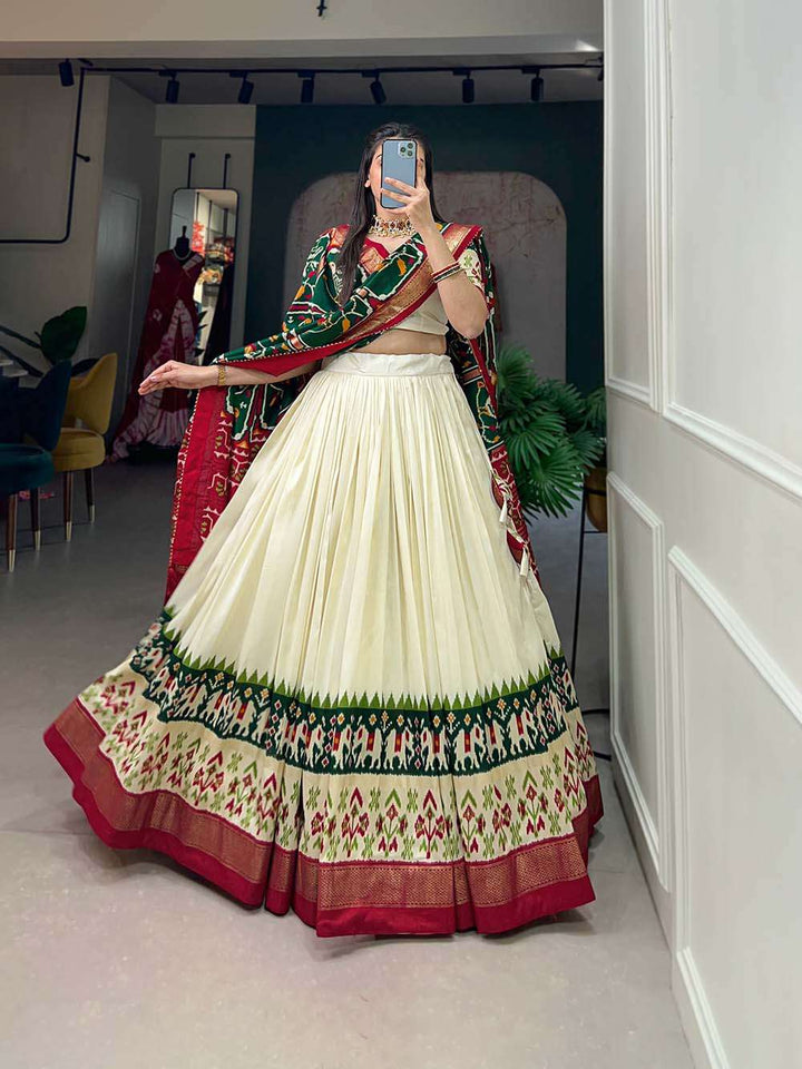 Peacock Green Printed Tussar Silk Lehenga Choli - PAHRAVA