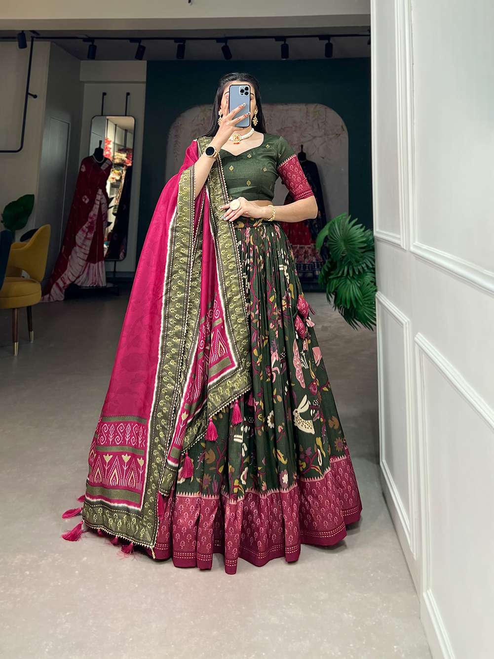 Traditional Green Dola Silk Printed Lehenga Choli - PAHRAVA