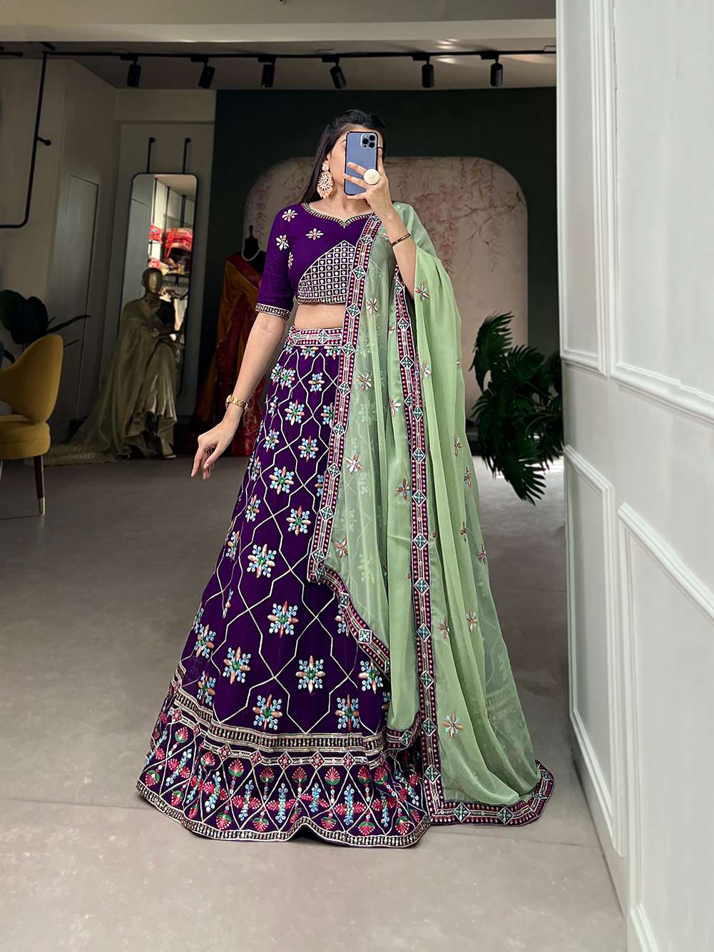 Pure Purple Georgette Embroidery Lehenga Set - PAHRAVA