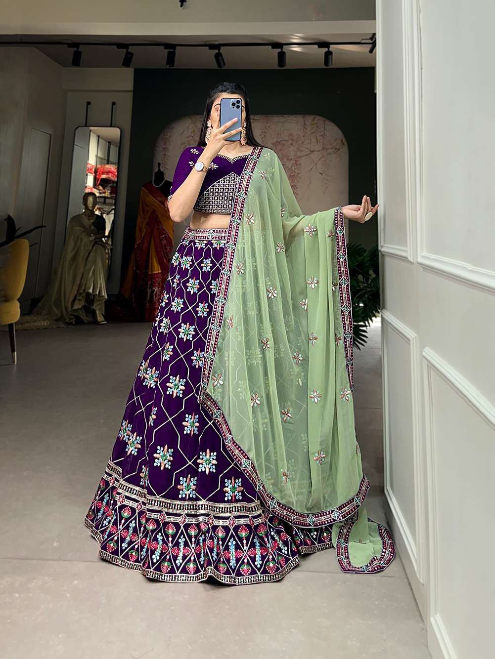 Pure Purple Georgette Embroidery Lehenga Set - PAHRAVA