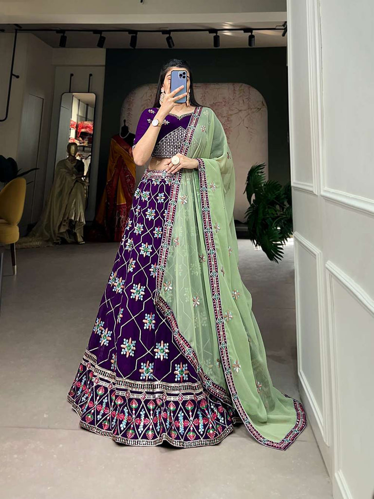 Pure Purple Georgette Embroidery Lehenga Set - PAHRAVA