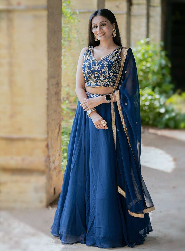 Navy Blue Thread Embroidery Work Lehenga Set - PAHRAVA