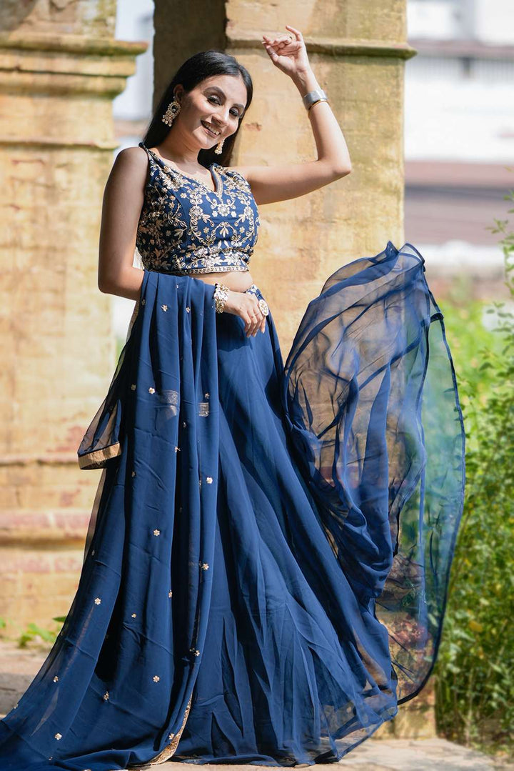 Navy Blue Thread Embroidery Work Lehenga Set - PAHRAVA