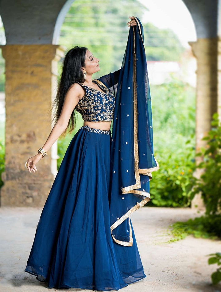 Navy Blue Thread Embroidery Work Lehenga Set - PAHRAVA